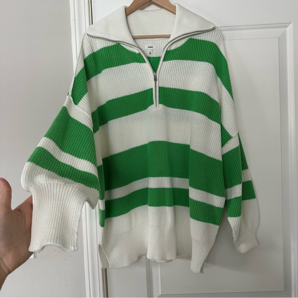 NWT Aerie Oversized Beyond Quarter Zip Sweater, Green and White Striped, Large - Picture 6 of 14
